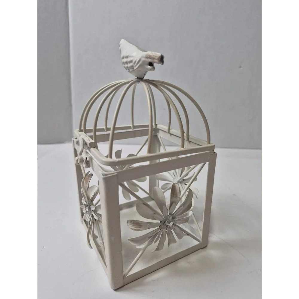 Vintage Shabby Chic White Metal Birdcage Lantern Floral Tea Light Holder 6.5in